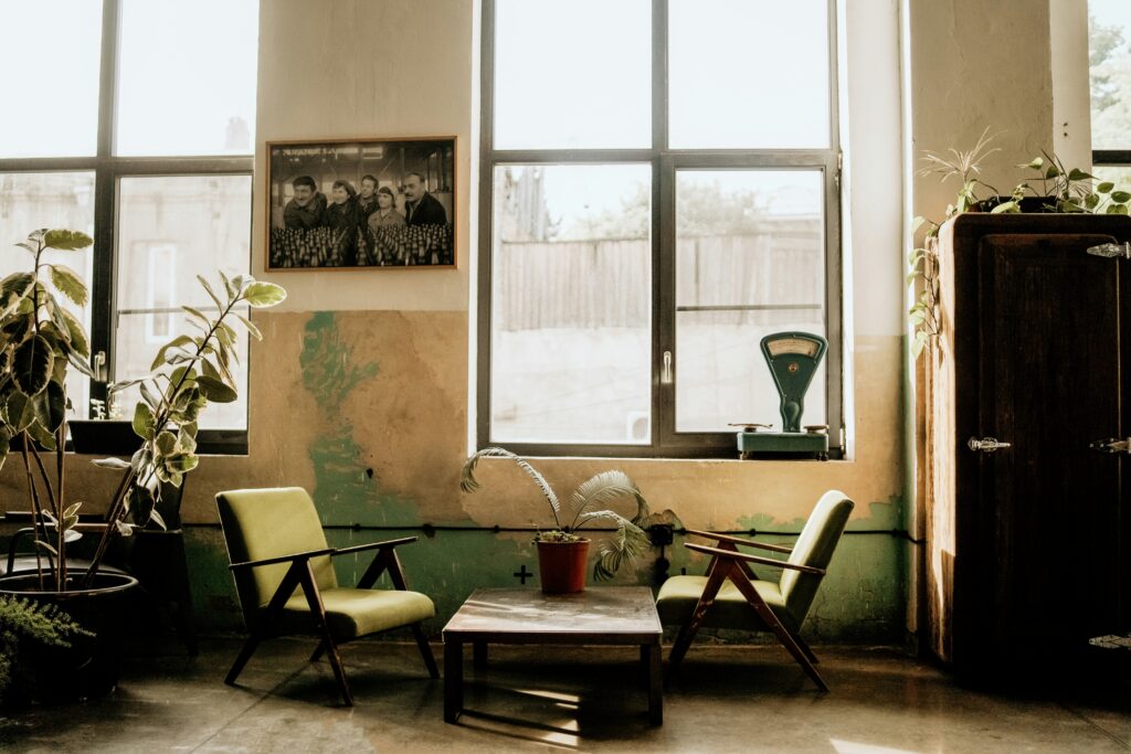 Severely chipped paint resulting from long-term furniture placement.